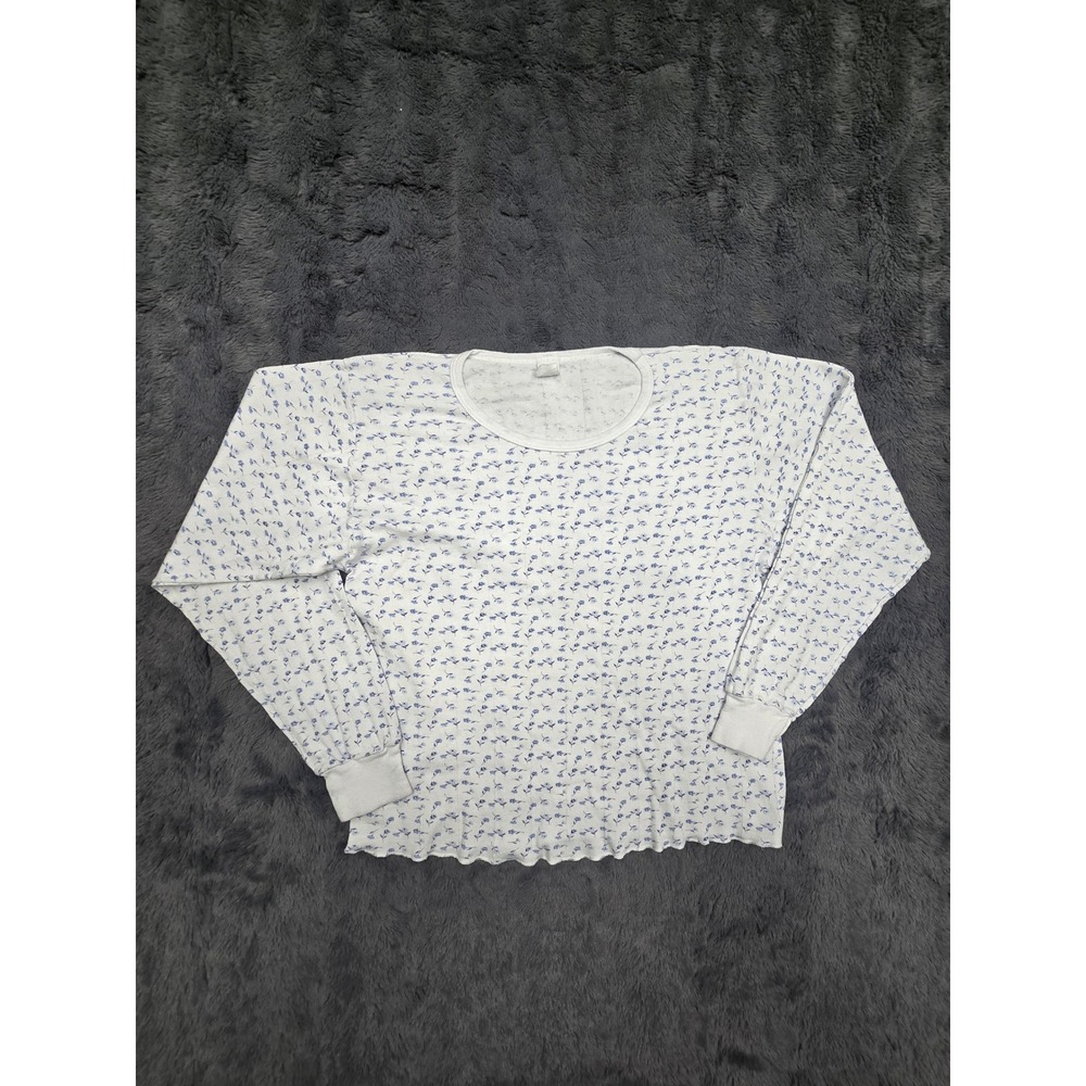 Vintage 90s Cherokee White Blue Floral Cotton Long Sleeve Top Lettuce Hem 3XL